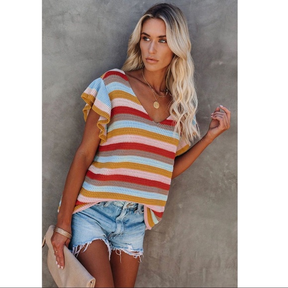 Multicolored Color Block Flutter Sleeve Top - Picture 1 of 5